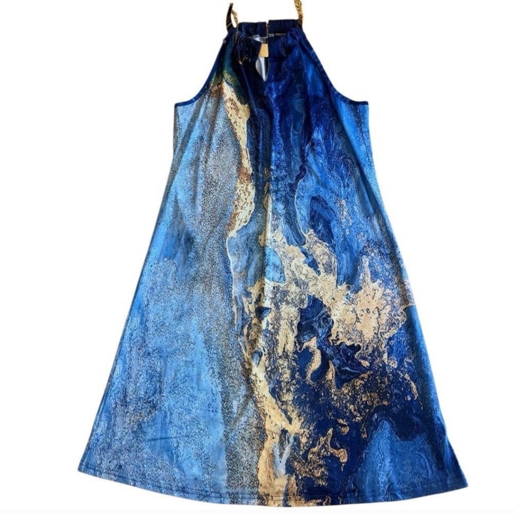 Noracora Women's Blue Marbled Gold Neck Line Clasp Dress Size Large--NWT